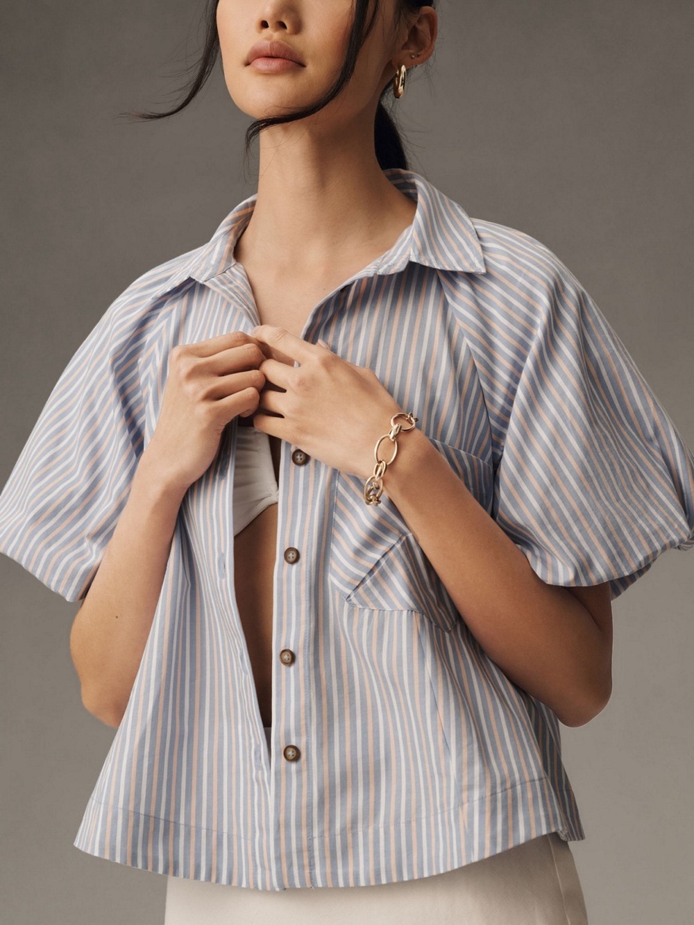 Anthropologie Striped Short-Sleeve Button Front Top in Blue and White Sz S